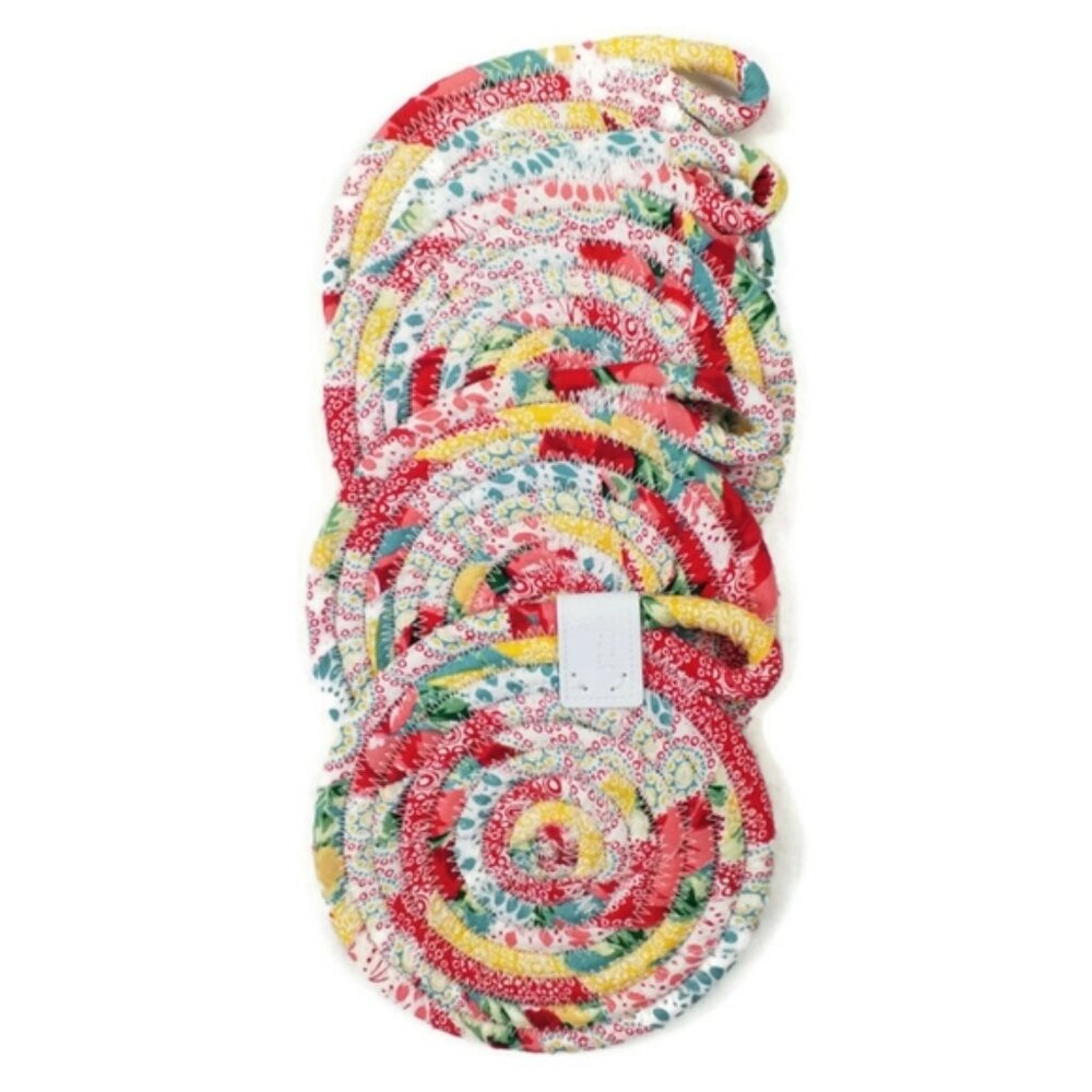 Hand Crafted Multicolor Patchwork Fabric Wrapped Rope Coaster Set 4 Pieces - Picture 9 of 9
